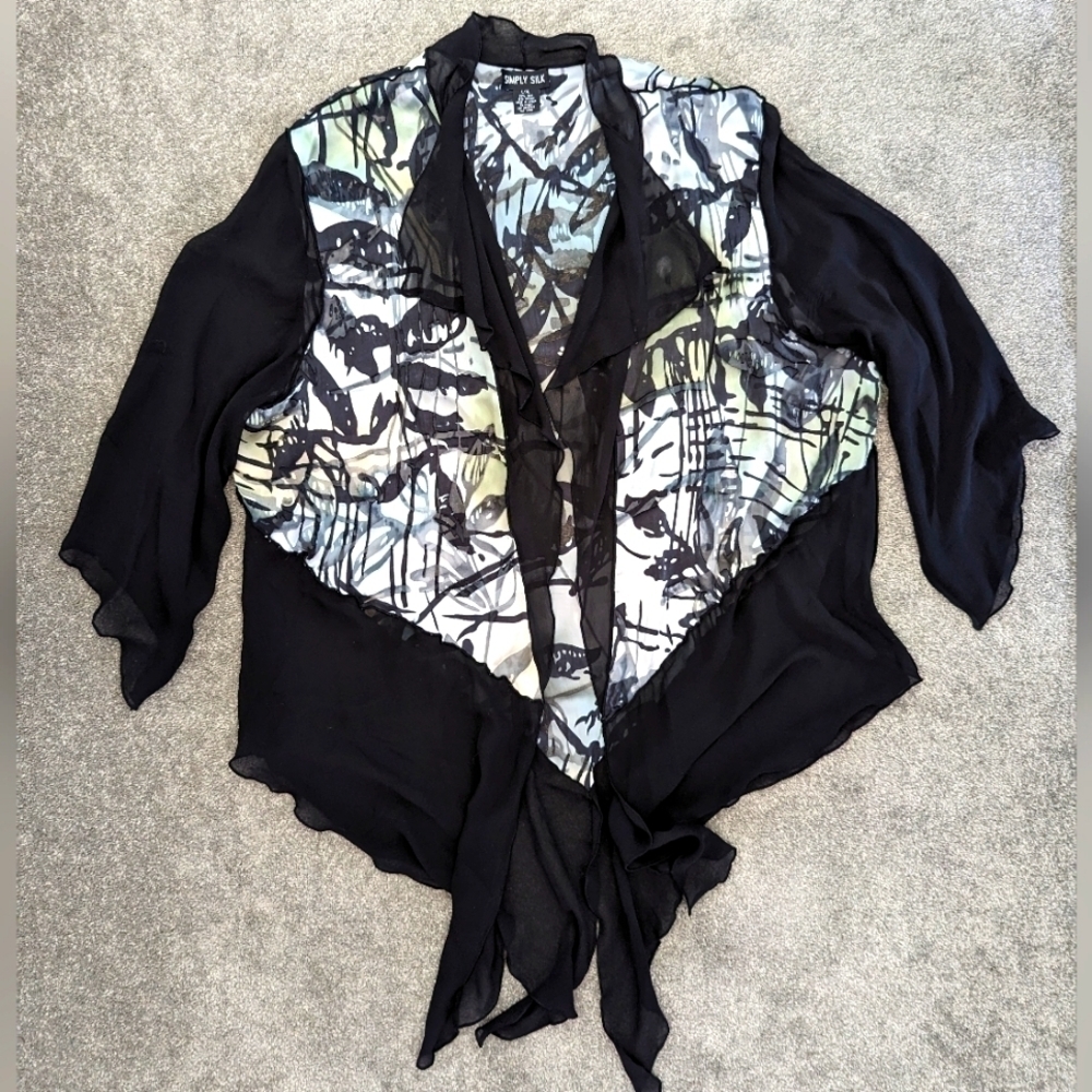 Simply Silk black and leaf print kimono concept blouse size Large XLarge